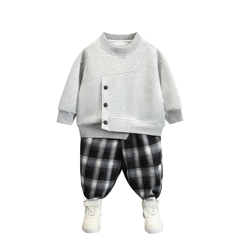 Boy Plaid Pants & Button Detail Sweatshirt Set