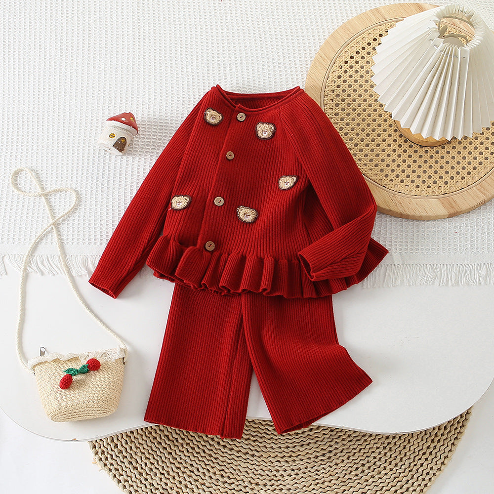 Girl Bear Applique Knit Cardigan & Pants 2-Piece Set