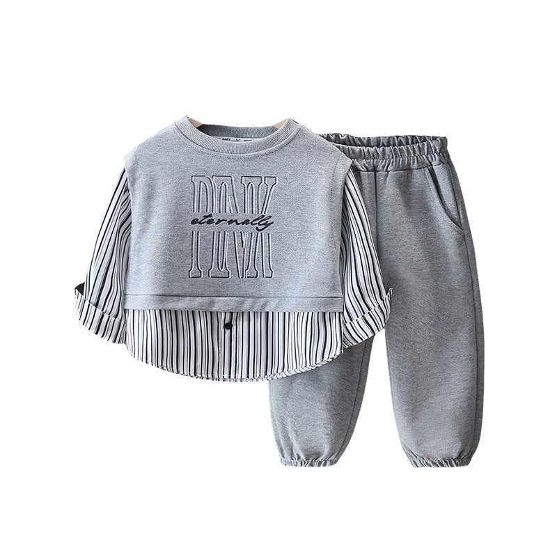 Boy Casual Striped Shirt Layered Sweatshirt Jogger Set