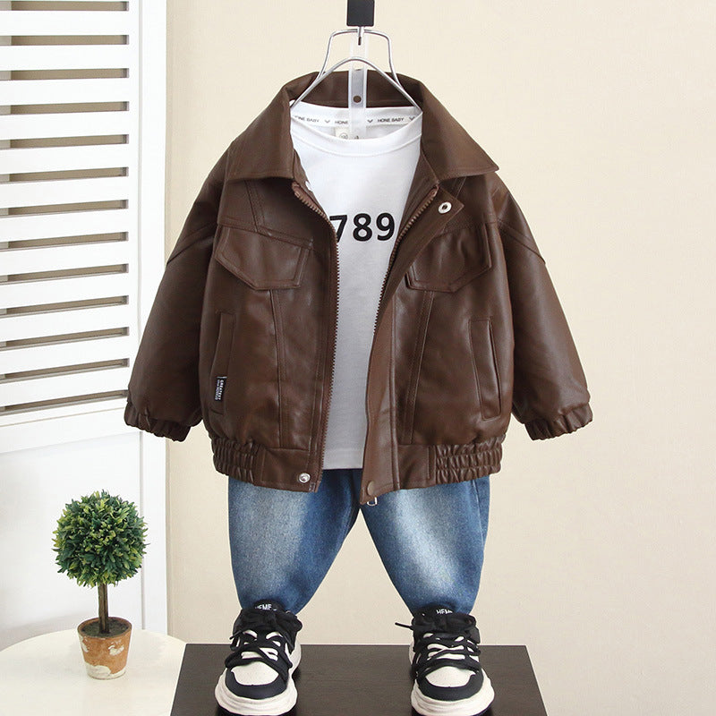 Boy Faux Leather Jacket Denim Pants 3-Piece Set