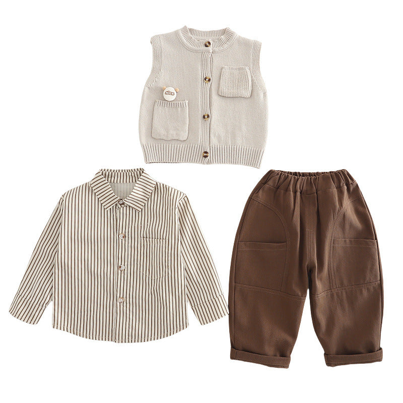 Boy Striped Shirt with Knit Vest and Cargo Pants Set