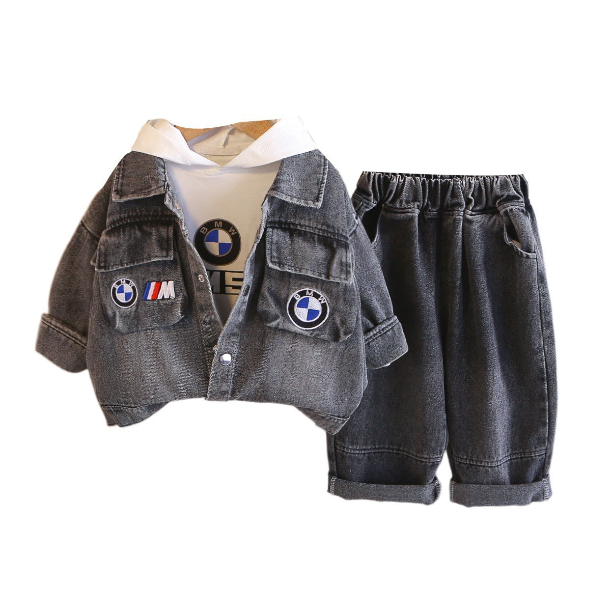 Boys Denim Patch Hooded Jacket Set