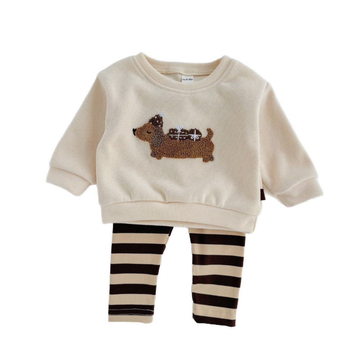 Cute puppy patch hoodie striped pants set