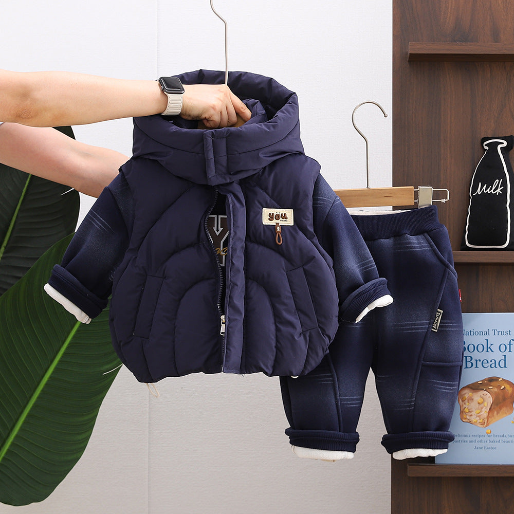 Boy Puffer Vest Jacket with Hoodie and Pants Set