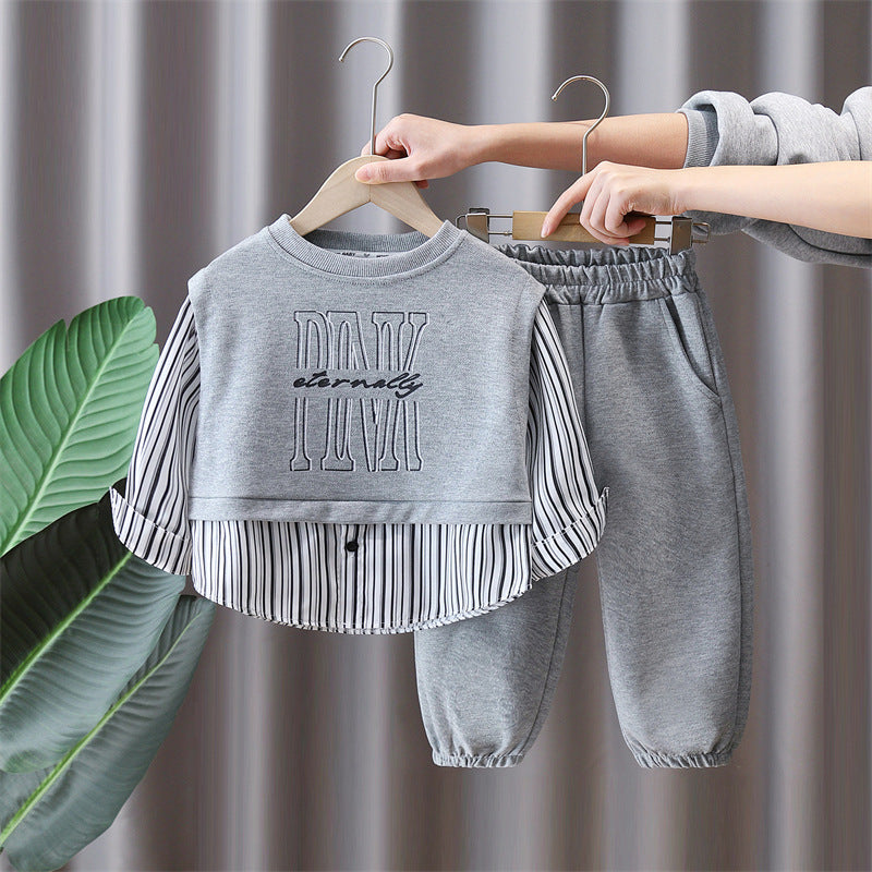 Boy Casual Striped Shirt Layered Sweatshirt Jogger Set