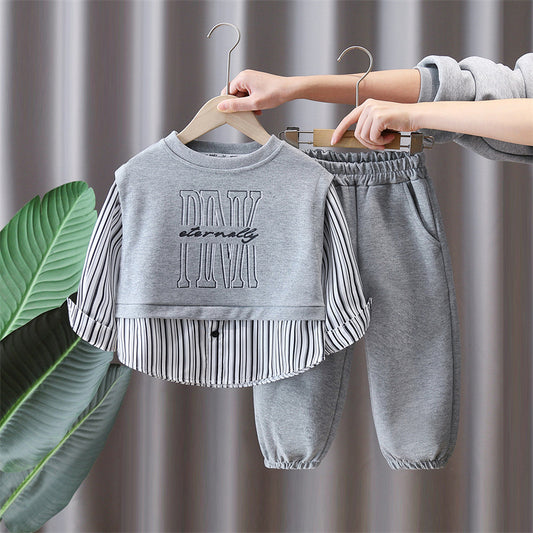 Boy Casual Striped Shirt Layered Sweatshirt Jogger Set