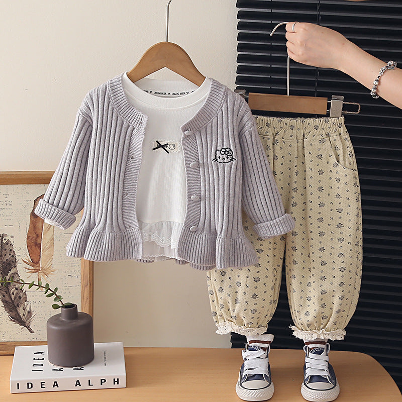 Girl Embroidered Cardigan & Floral Pants Set