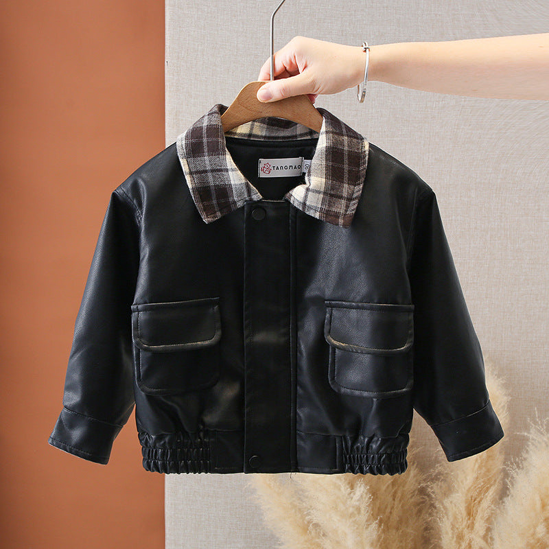 Boy Plaid Collar Faux Leather Jacket