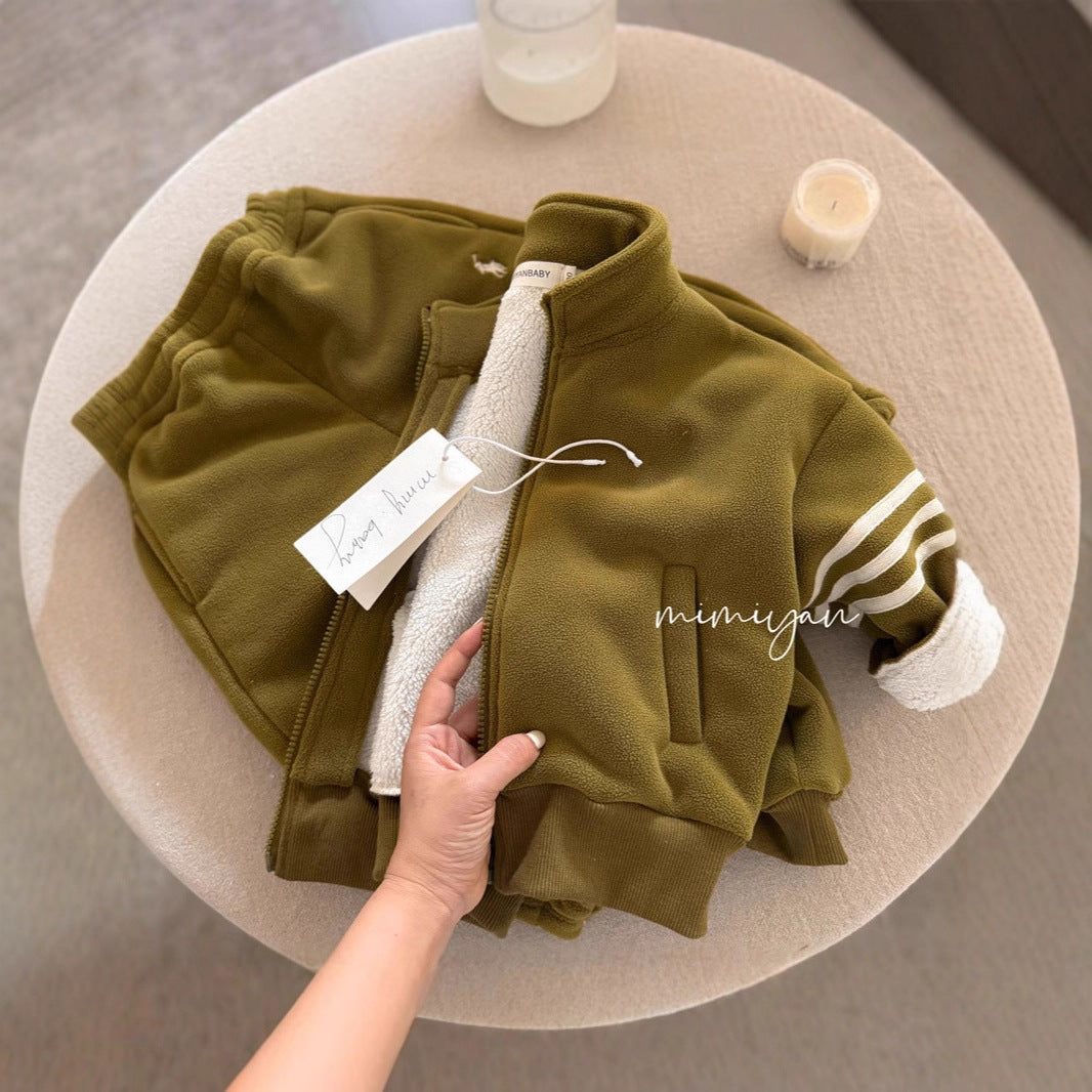 Boy & Girl Striped Sleeve Sherpa Fleece Jacket & Joggers Set