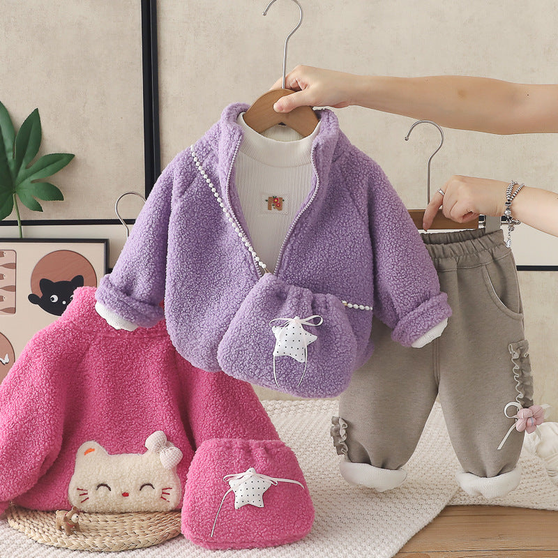 Girl Cozy Plush Cat Jacket & Bag with Fleece Lined Pants Set
