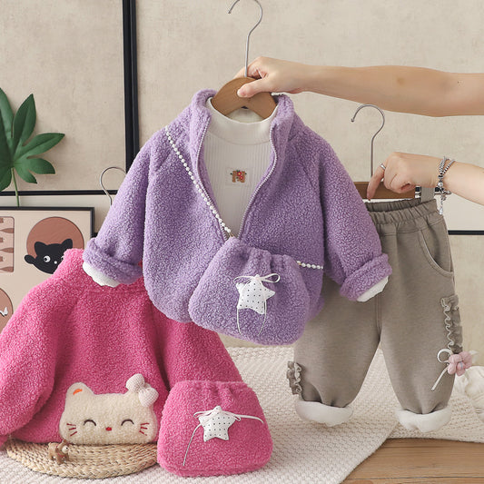Girl Cozy Plush Cat Jacket & Bag with Fleece Lined Pants Set
