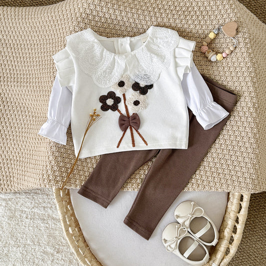 Spring and Autumn Towel Embroidered Bundle Pants Set