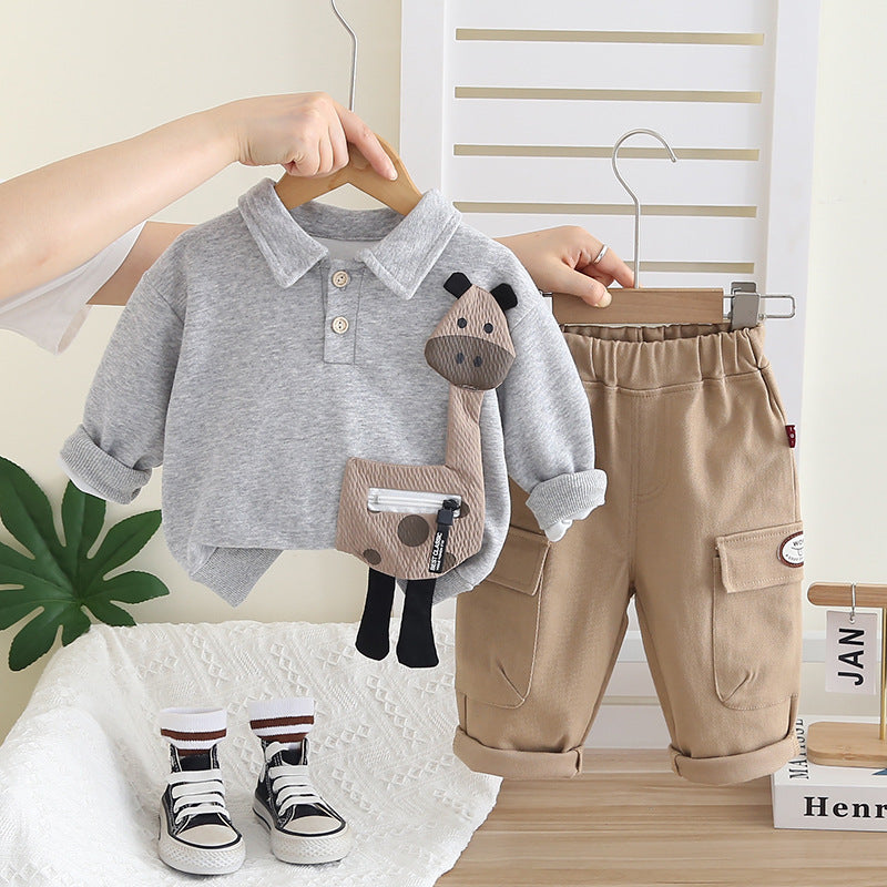 Boy Giraffe Applique Collar Top & Cargo Pants 2-Piece Set