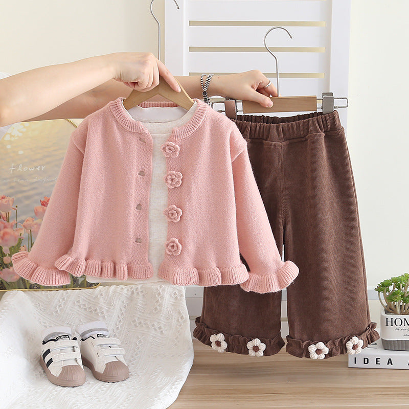Four Flowers 3-Piece Knit Sweater Set for Baby Girls