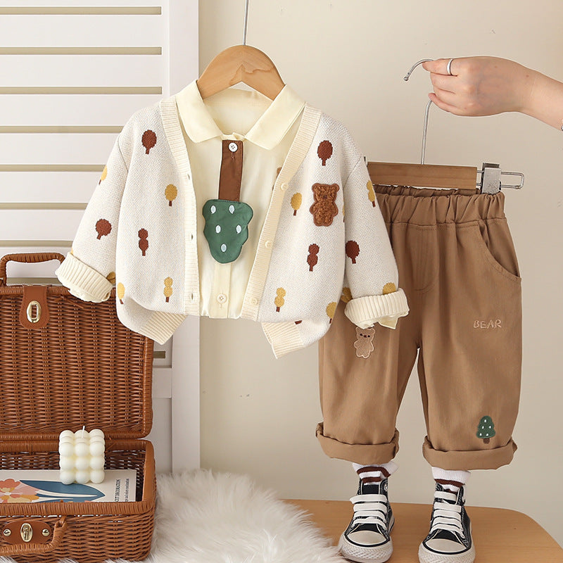 Boy Forest Tree Knit Cardigan Shirt & Pants Set