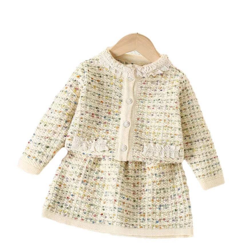 Girl Tweed Cardigan & Skirt 2-Piece Set