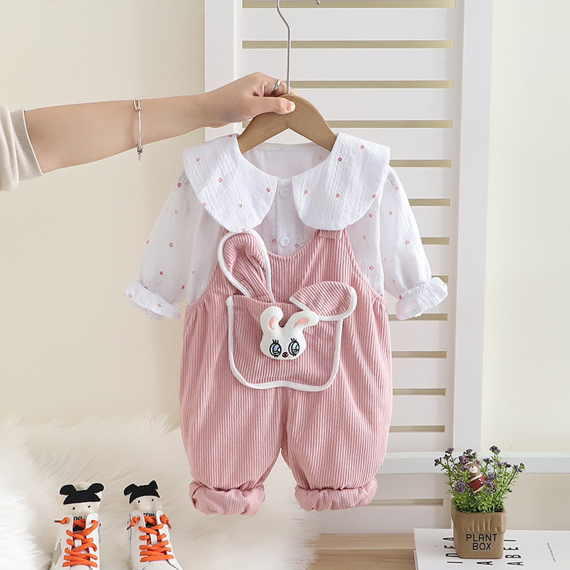 Girl Cute Bunny Pocket Collar Shirt Romper Set