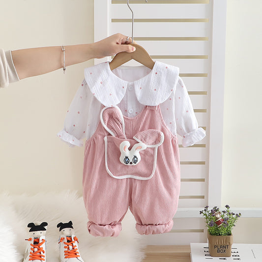 Girl Cute Bunny Pocket Collar Shirt Romper Set