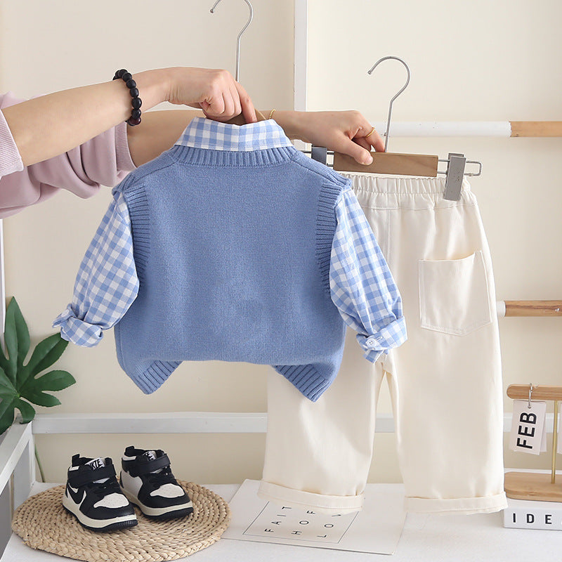 Boy Dog Motif Knit Vest, Shirt and Pants Set