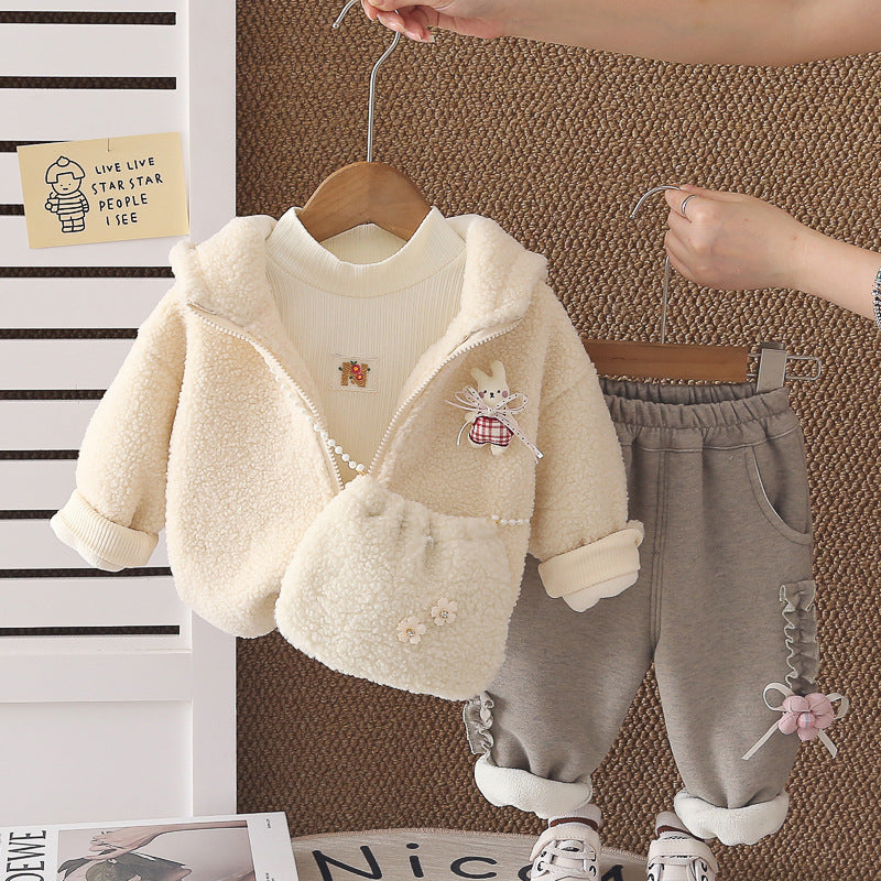 Girl Winter Fleece Hoodie & Ruffle Sweatpants 3-Piece Set