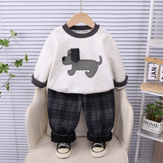 Boy Puppy Applique Sweatshirt & Plaid Pants 2-Piece Set