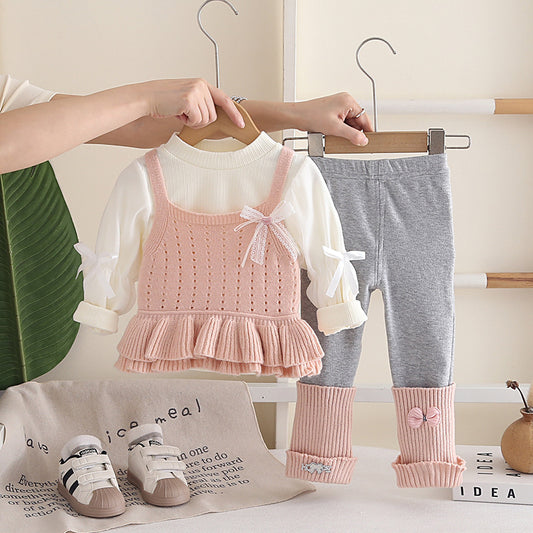 Girls Autumn Spring 3-Piece Set Bow Tie Vest Outfit
