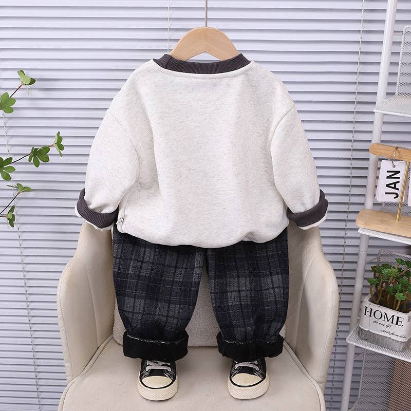 Boy Puppy Applique Sweatshirt & Plaid Pants 2-Piece Set