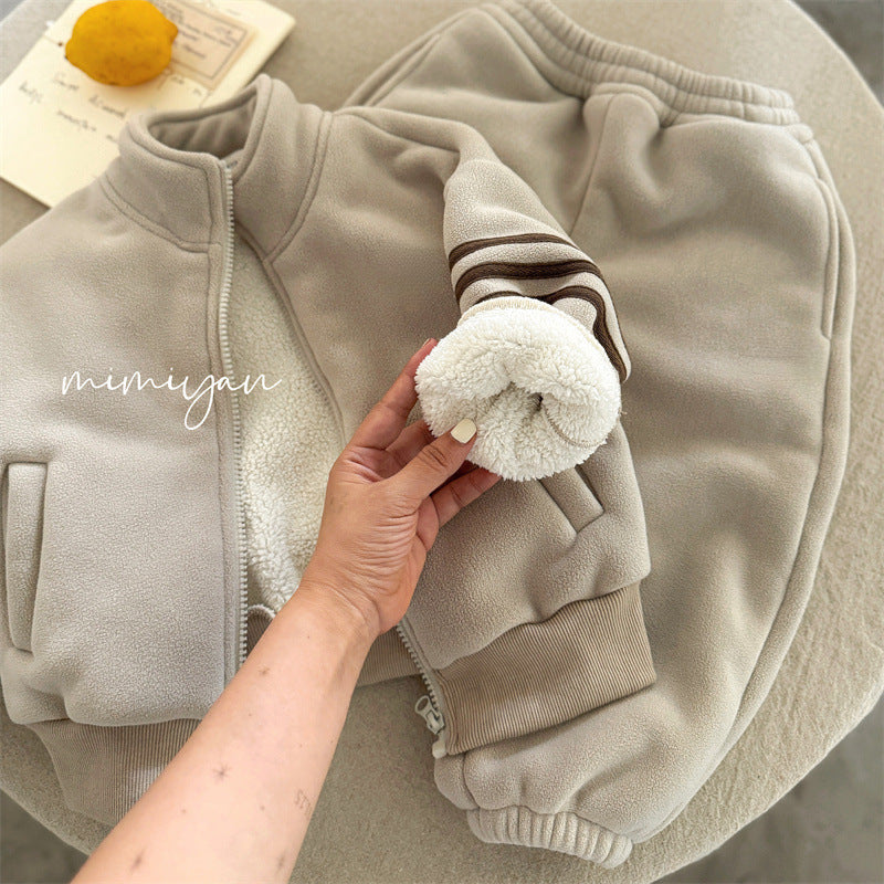 Boy & Girl Striped Sleeve Sherpa Fleece Jacket & Joggers Set