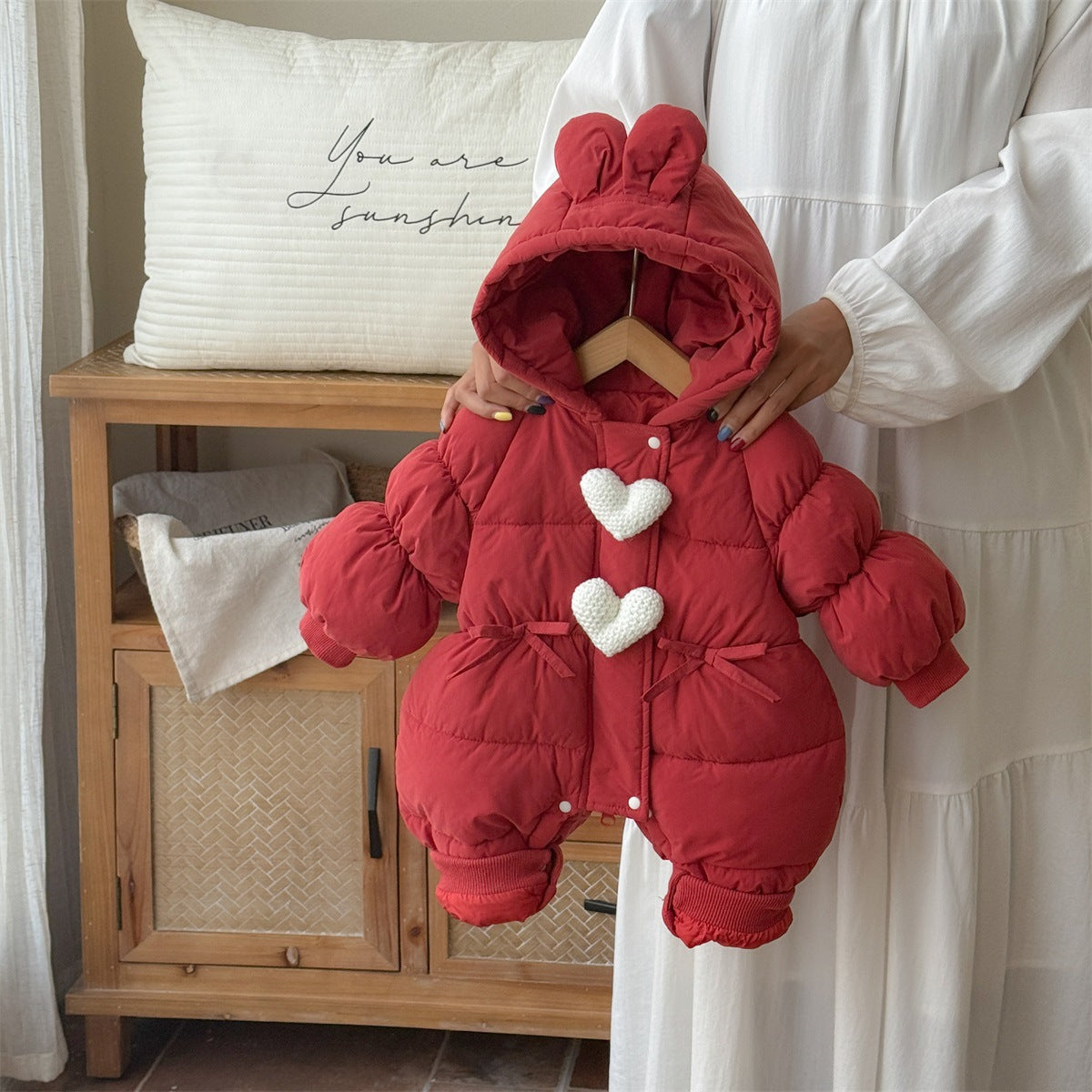 Girl Red Heart Hoodie Winter Puffer Jumpsuit Romper