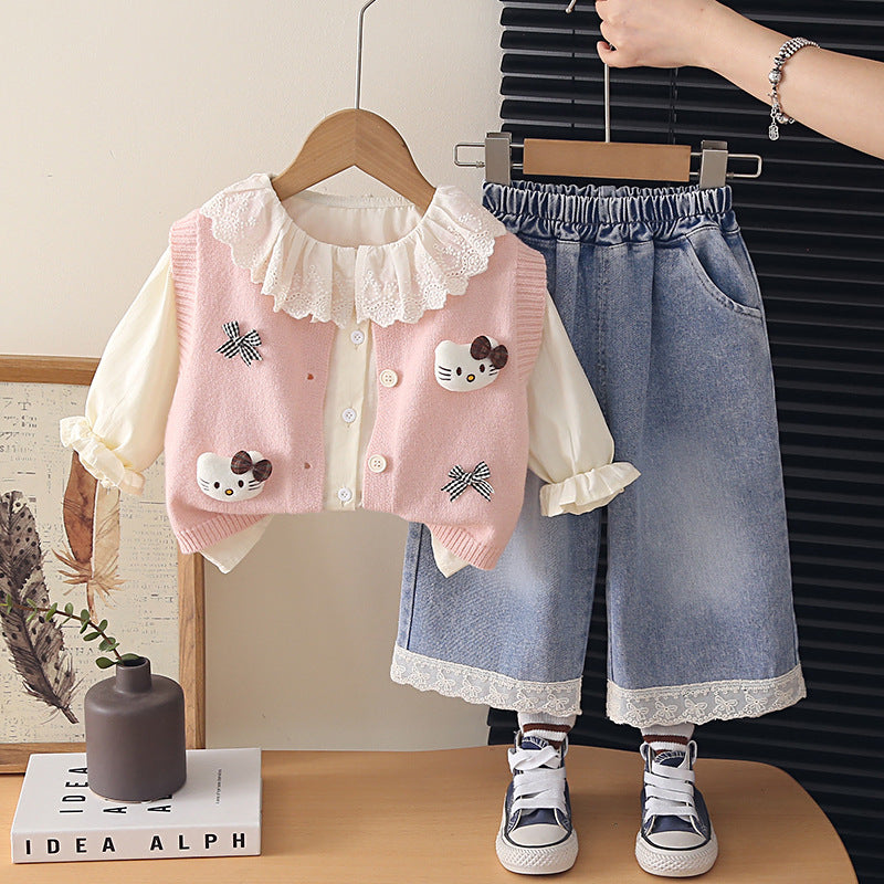 Girl Cute Bow Applique Knit Vest & Lace Trim Denim Pants Set