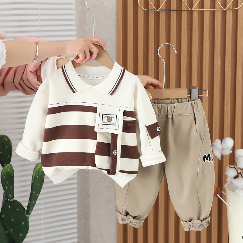 Boy Striped Collar Top & Casual Pants Set