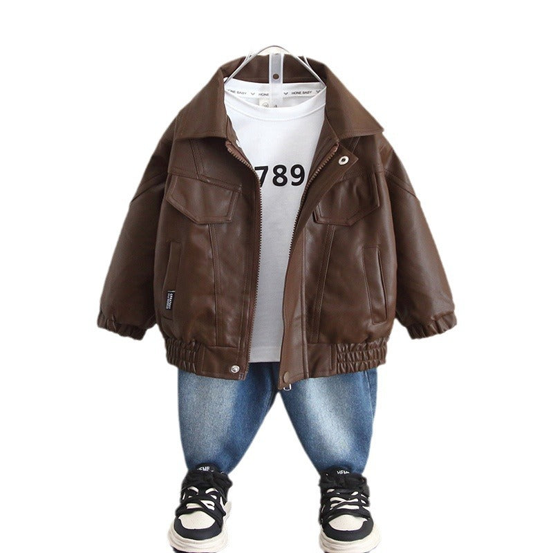 Boy Faux Leather Jacket Denim Pants 3-Piece Set