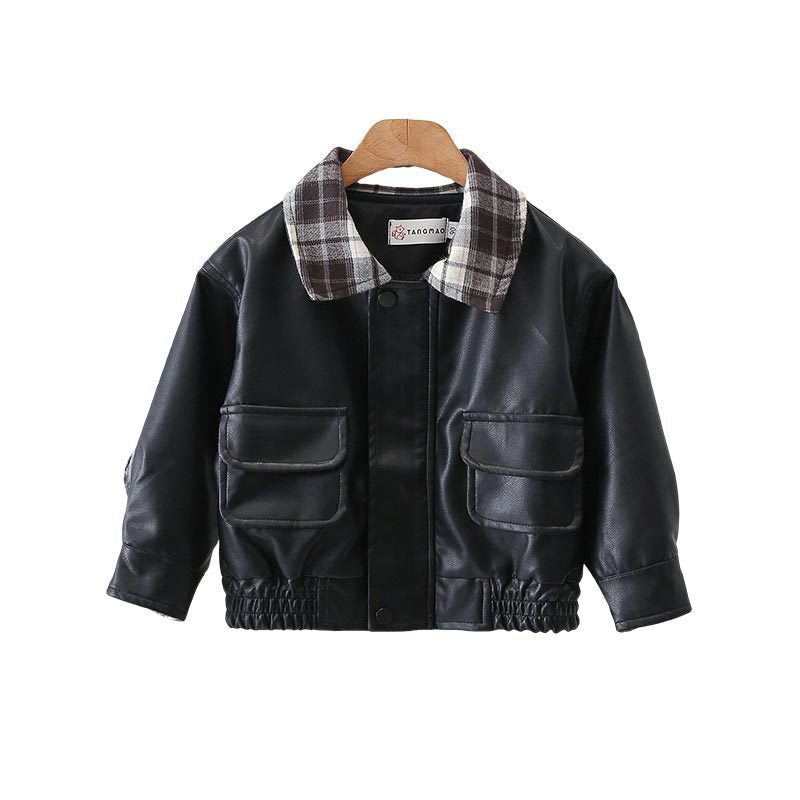 Boy Plaid Collar Faux Leather Jacket