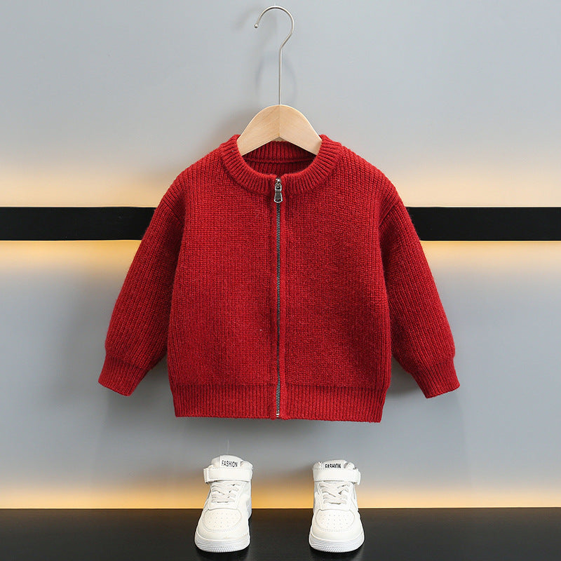 Style Red Lapel Collar Boy's Sweater Cardigan