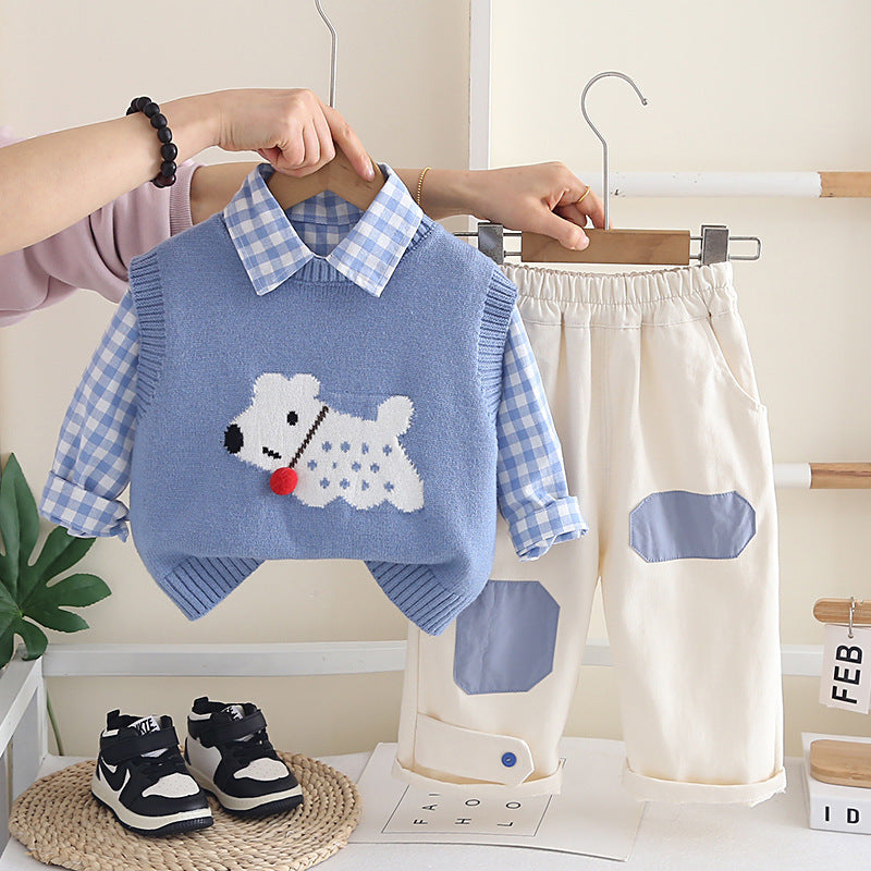 Boy Dog Motif Knit Vest, Shirt and Pants Set