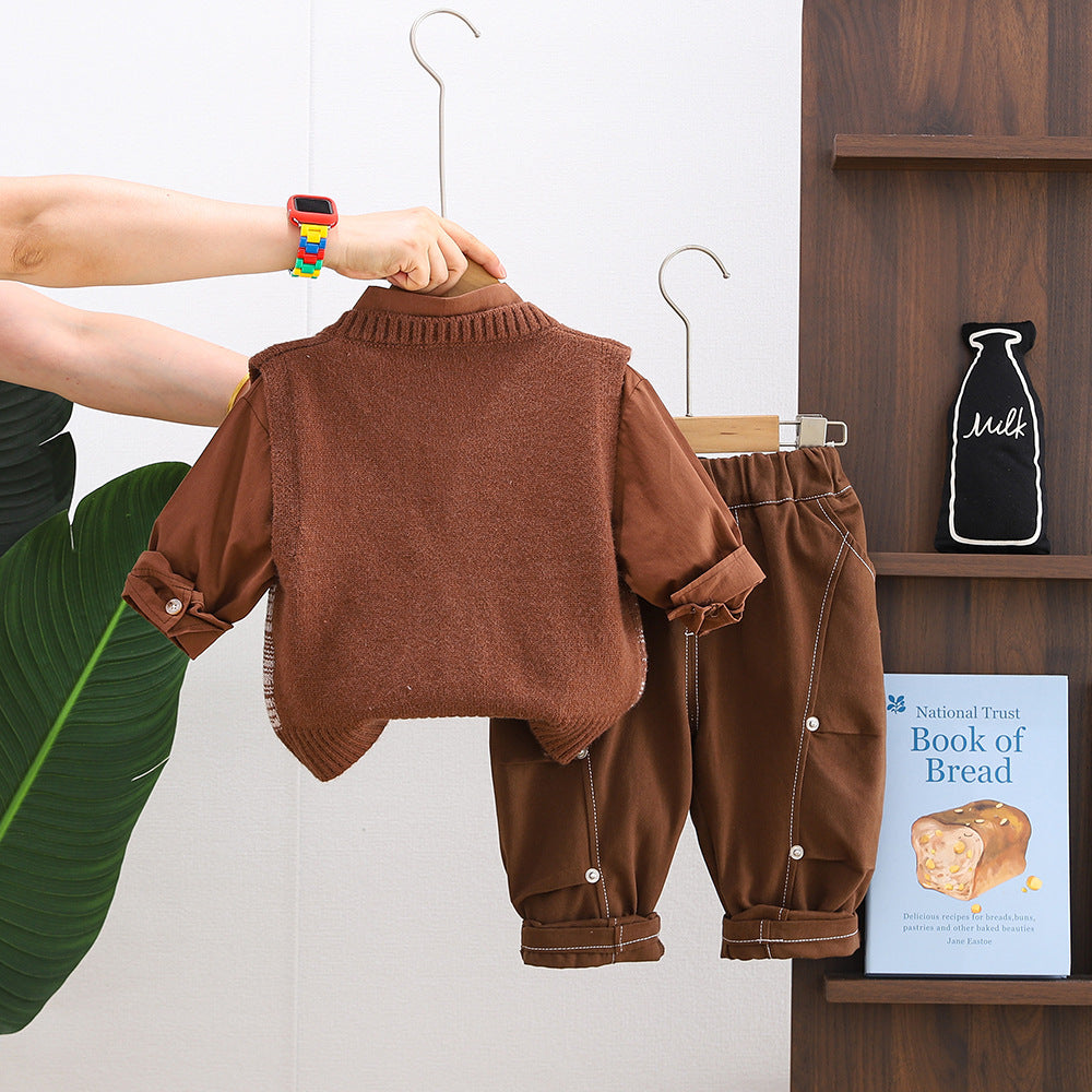 Boy Plaid Knit Vest, Shirt & Brown Pants Set