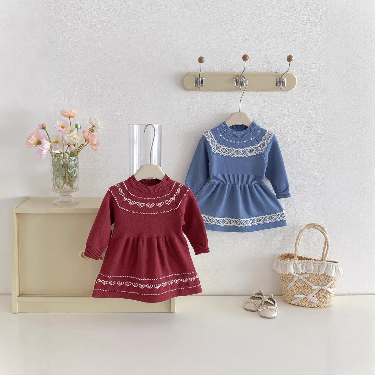 Girl Pattern Knit Long Sleeve Dress
