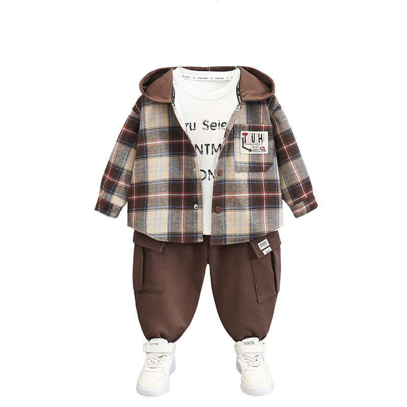Boy Hooded Plaid Shirt & Jogger Pants Set