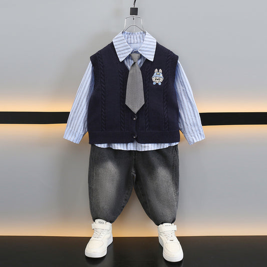 Boys' 3-Piece Knit Vest and Shirt Set - Preppy Style Fall Outfit