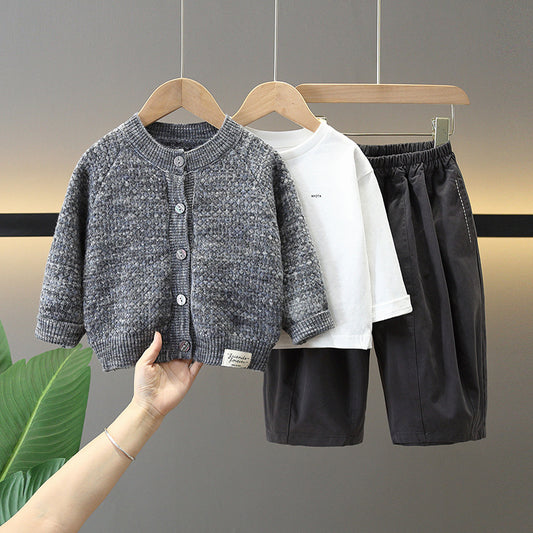Boy Cozy Knit Cardigan T-Shirt & Shorts 3-Piece Set