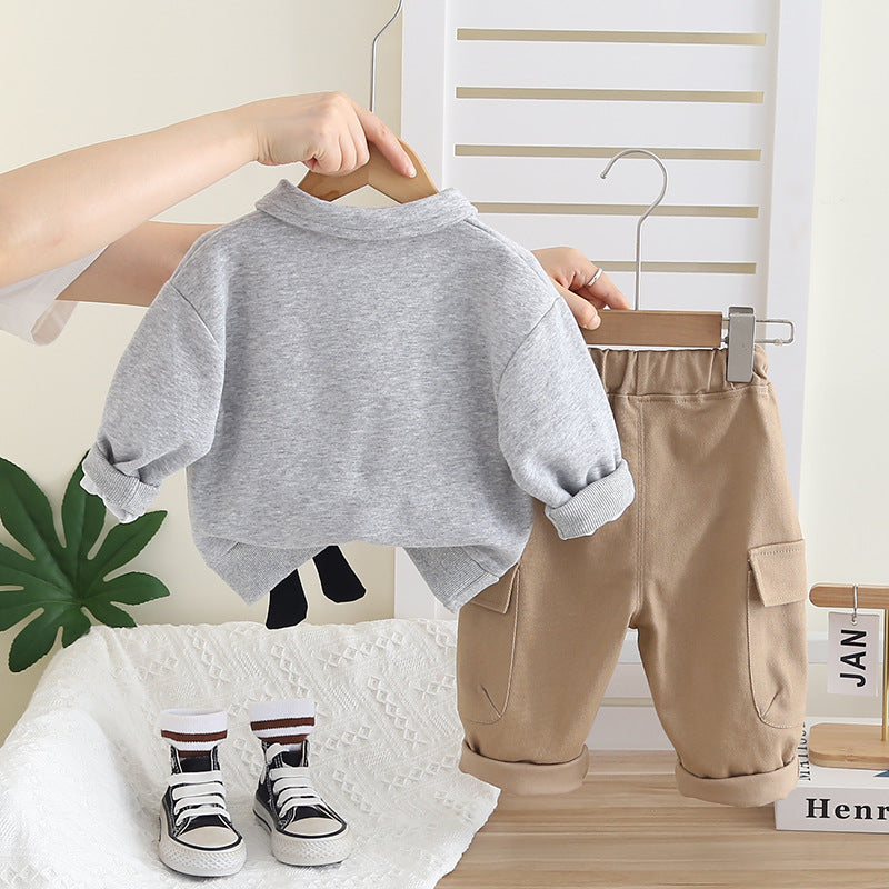 Boy Giraffe Applique Collar Top & Cargo Pants 2-Piece Set