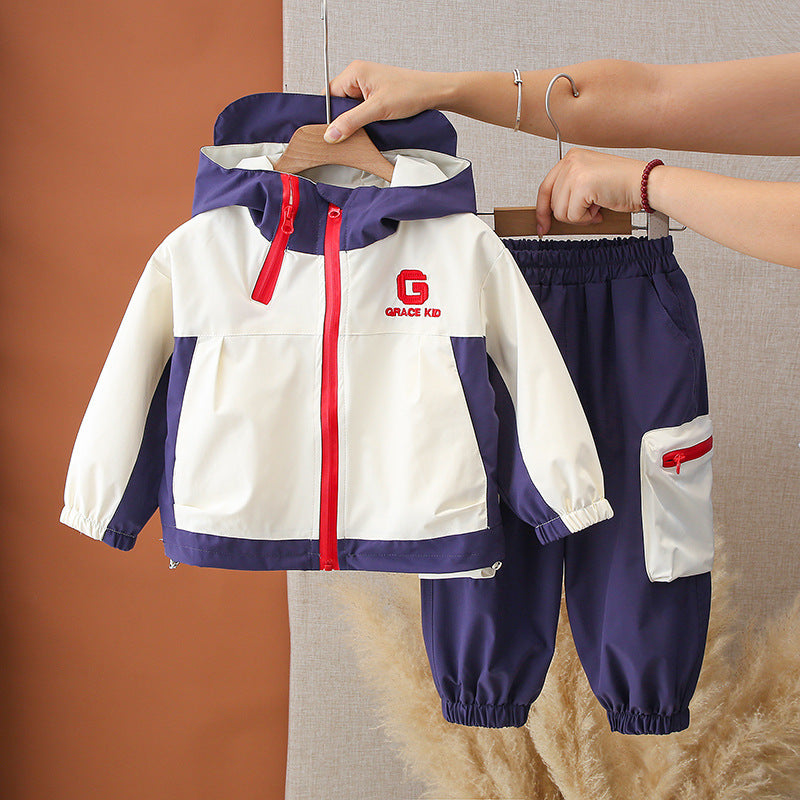 Boy Colorblock Hooded Windbreaker Jacket & Cargo Pants Set