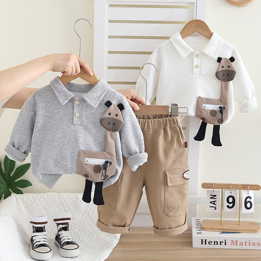 Boy Giraffe Applique Collar Top & Cargo Pants 2-Piece Set