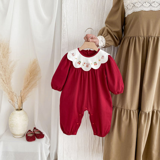 Girl Vintage Style Embroidered Collar Long Sleeve Romper