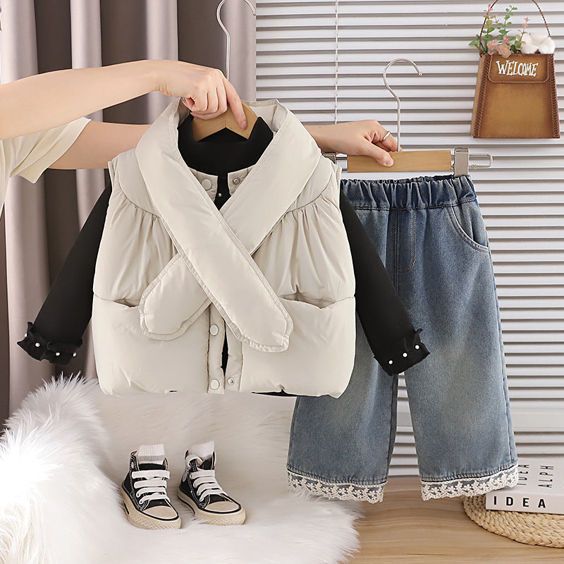 Girl Casual Puff Vest Denim Lace Trim Pants 3-Piece Set