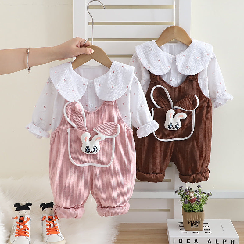 Girl Cute Bunny Pocket Collar Shirt Romper Set