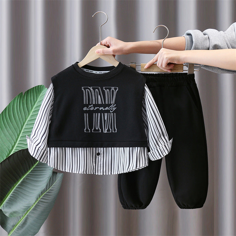 Boy Casual Striped Shirt Layered Sweatshirt Jogger Set