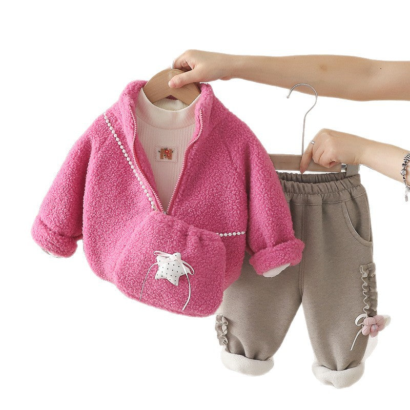 Girl Cozy Plush Cat Jacket & Bag with Fleece Lined Pants Set