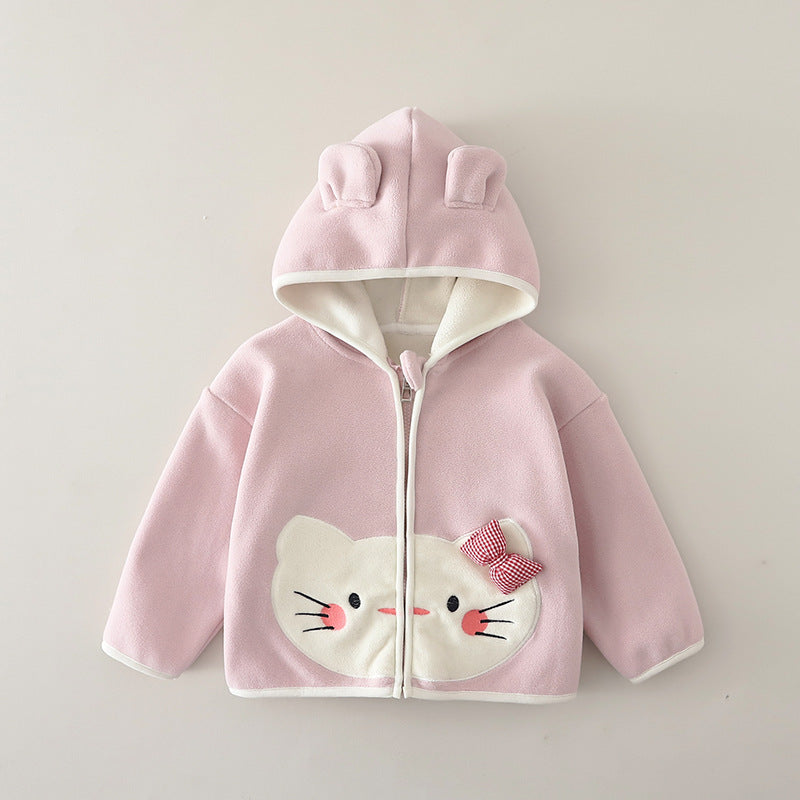 Girl Cute Cat Ear Applique Hooded Fleece Jacket