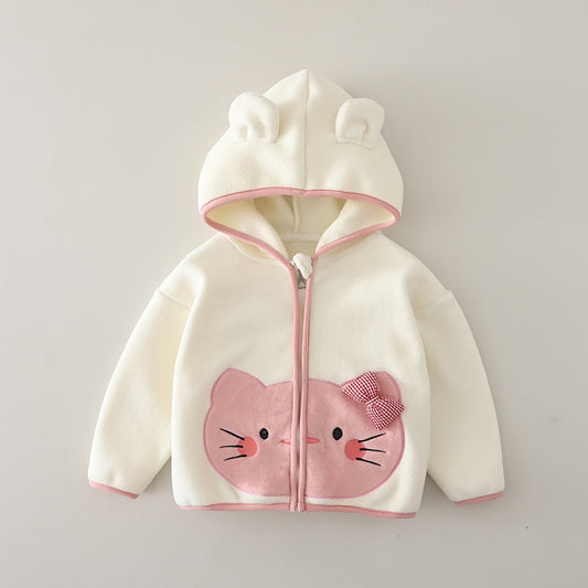 Girl Cute Cat Ear Applique Hooded Fleece Jacket